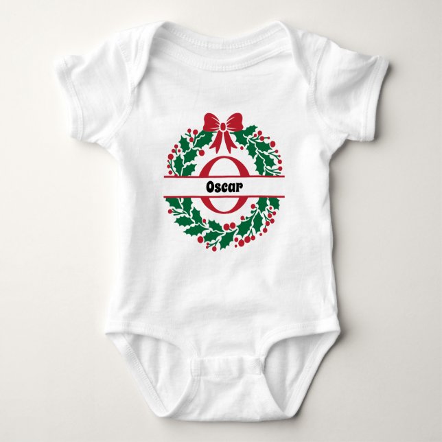 Christmas wreath Family Matching Name letter O Baby Bodysuit (Front)