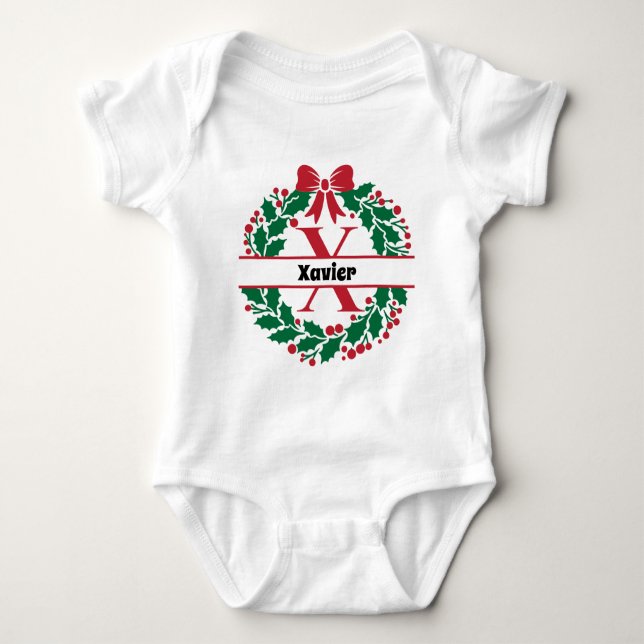 Christmas wreath Family Matching Name letter X Baby Bodysuit (Front)