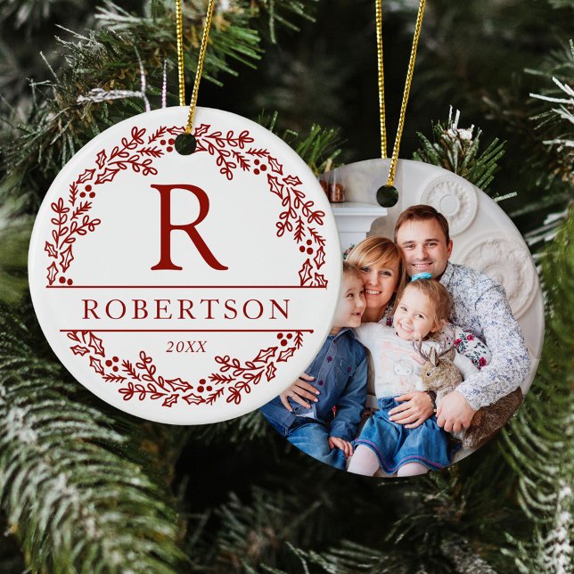 Christmas Wreath Family Monogram Photo Ceramic Tree Decoration (Creator Uploaded)