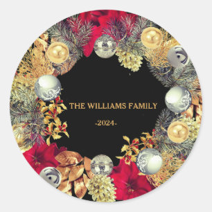 Christmas Wreath Family Name Classic Round Sticker