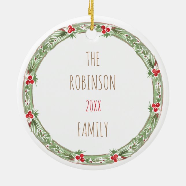 Christmas Wreath Family Pet Photo Name Holiday Ceramic Tree Decoration (Back)