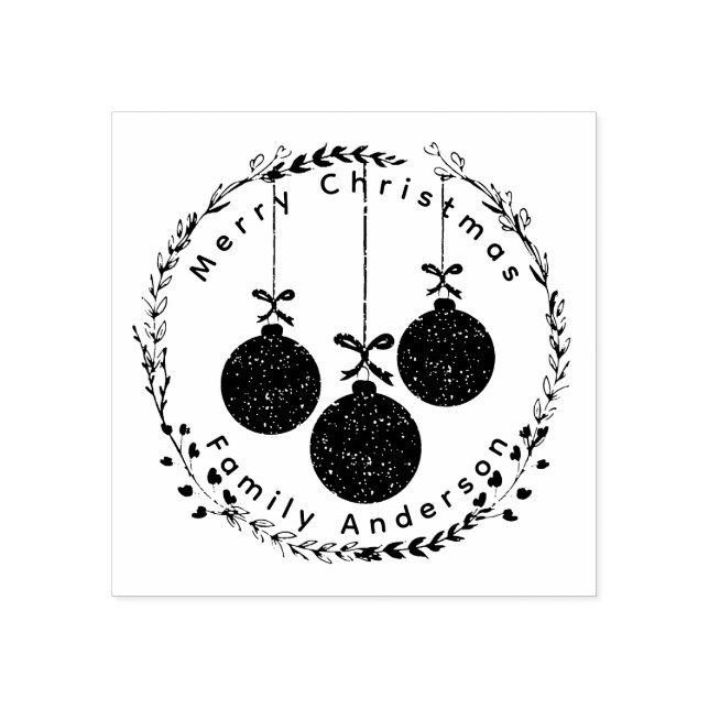 Christmas Wreath & Festive Baubles Family Name Rubber Stamp (Imprint)