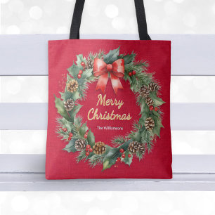 Christmas Wreath Festive Red Custom Name Tote Bag