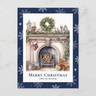 Christmas Wreath Fireplace Snowflake Blue Holiday Postcard