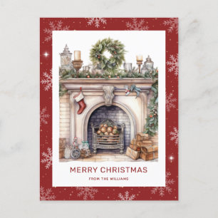 Christmas Wreath Fireplace Snowflake Red Holiday Postcard