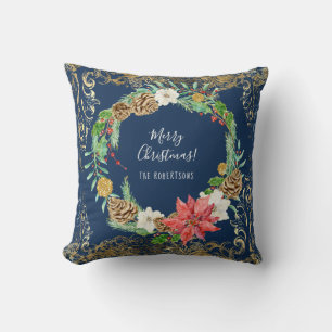 Christmas Wreath Floral Pine Cone Navy Gold Swirls Cushion