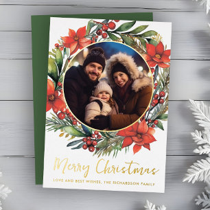 Christmas Wreath Foil Photo Green Holiday Card
