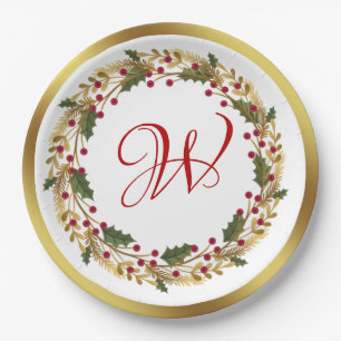 Christmas Wreath Green Holly Leaves Red Berry  Paper Plate