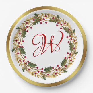 Christmas Wreath Green Holly Leaves Red Berry  Paper Plate