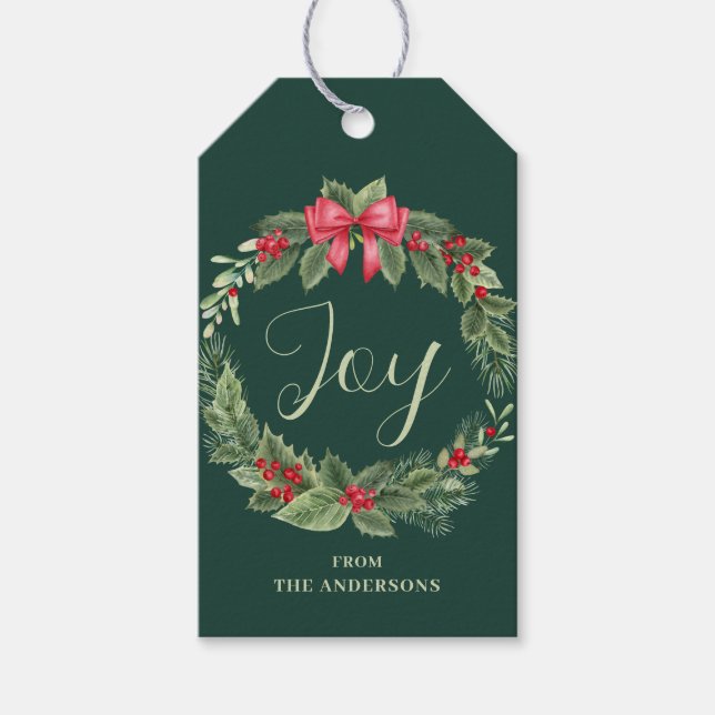 Christmas Wreath Green Joy Name Gift Tag (Front)