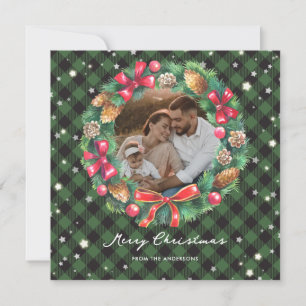 Christmas Wreath Green Plaid Stars Photo Holiday Card