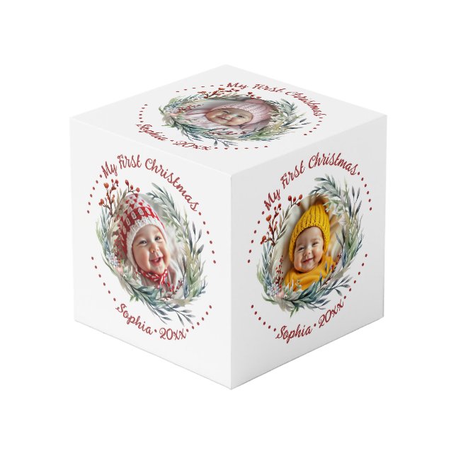 Christmas wreath, greenery, berries photo cube (Front Angled)