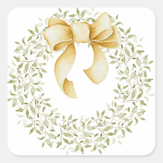 Christmas Wreath Greenery Bow Modern Pretty Square Sticker (Front)