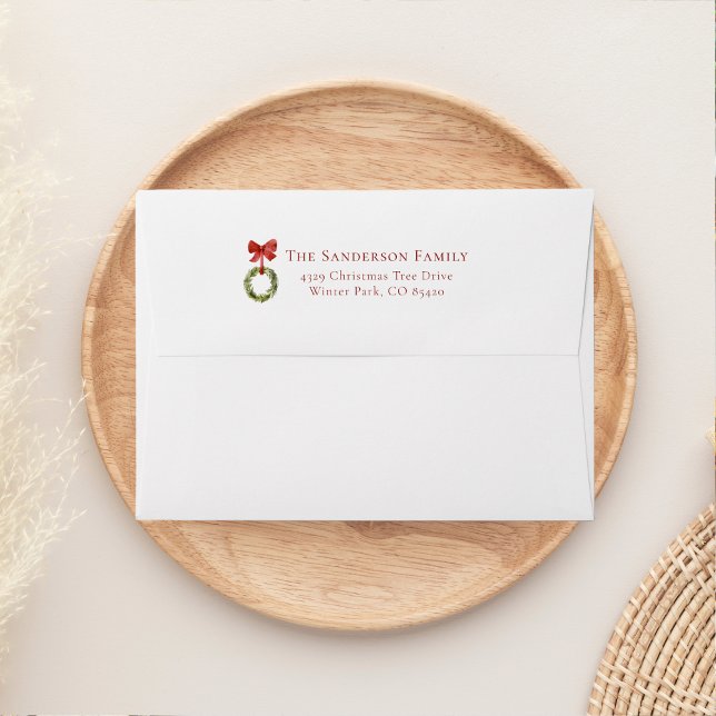 christmas wreath greenery red bow rustic envelope (Creator Uploaded)