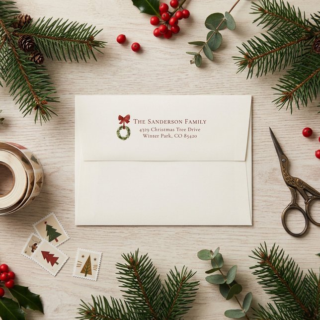 christmas wreath greenery red bow rustic envelope (Creator Uploaded)