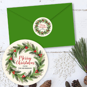 Christmas Wreath Happy Holidays Family Name Classic Round Sticker