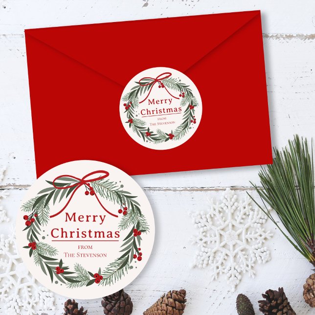 Christmas Wreath Happy Holidays Family Name | Classic Round Sticker (Creator Uploaded)
