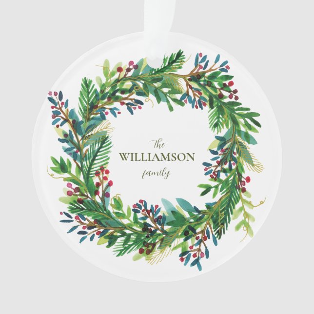 Christmas Wreath Holiday family name Holi Ornament (Front)