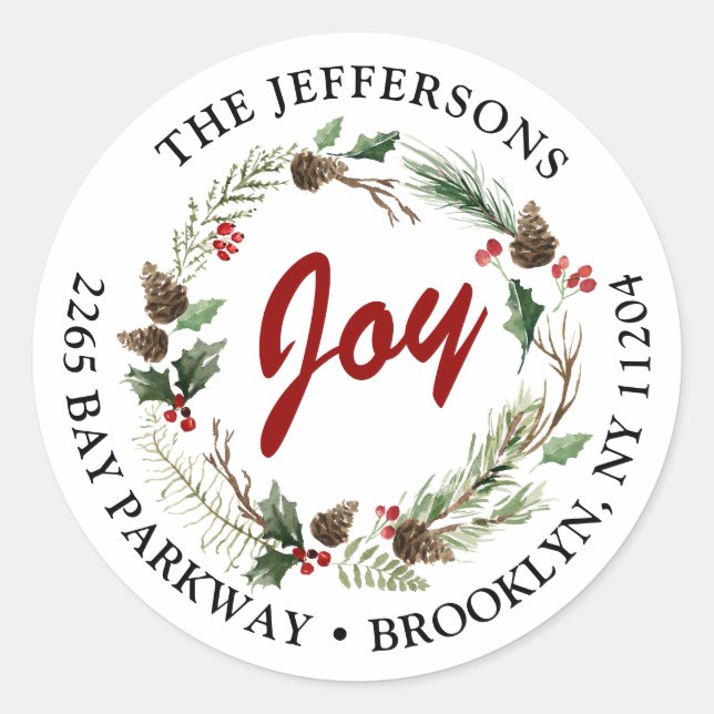 Christmas Wreath Holiday Return Address Classic Round Sticker (Front)