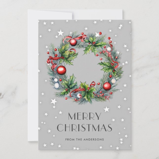 Christmas Wreath Holly Berries Ornaments Stars Holiday Card (Front)