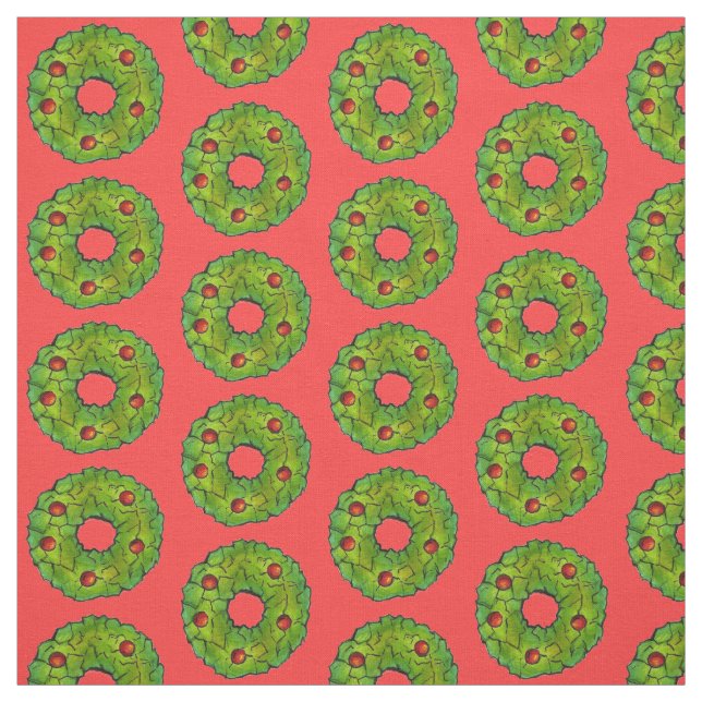 Christmas Wreath Holly Leaf Cookie Red Green Fabric (Swatch)
