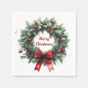 Christmas Wreath Holly Leaves Red Bow Greenery  Napkin
