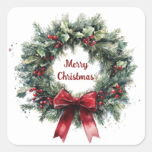 Christmas Wreath Holly Leaves Red Bow Greenery  Square Sticker