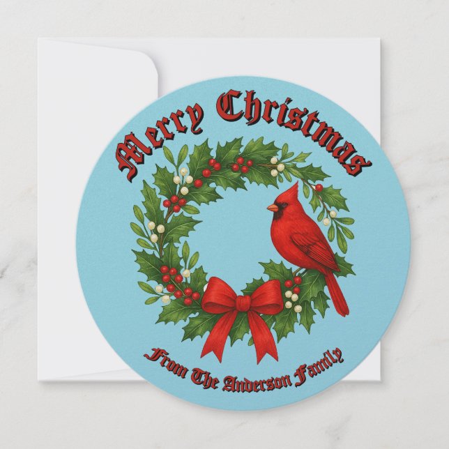 Christmas Wreath Holly Mistletoe Bird Bow Holiday Card (Front)