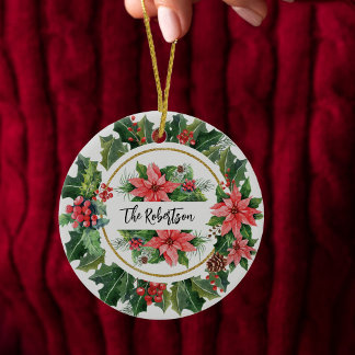 Christmas Wreath Holly Poinsettia Family Photo Ceramic Tree Decoration