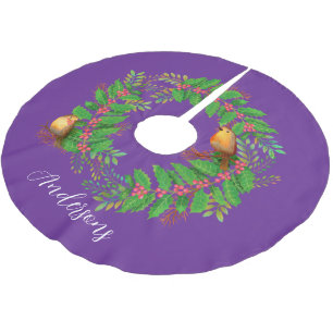 Christmas Wreath Holly Robin Bird Purple Brushed Polyester Tree Skirt