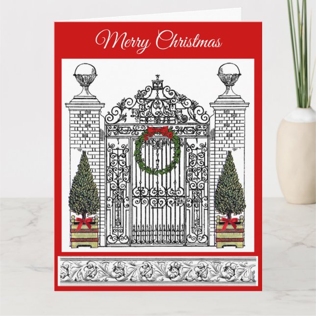 Christmas Wreath House Gate Elegant Topiary Tree Card (Front)