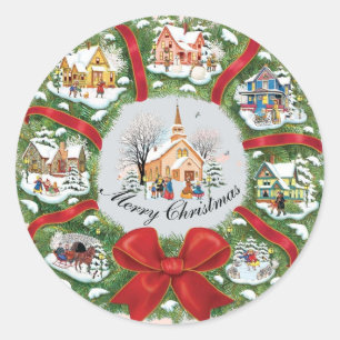 Christmas wreath illustrated classic round sticker