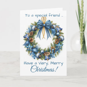 Christmas Wreath in Blue & Gold for Friend Holiday Card