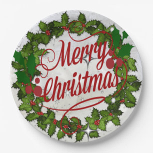 Christmas Wreath, in festive holiday colours Paper Plate