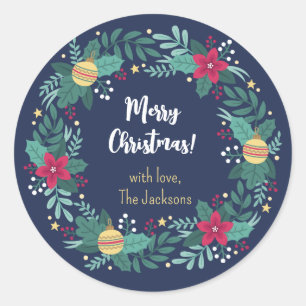 Christmas Wreath in Navy Personalised Classic Round Sticker
