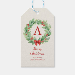Christmas wreath in watercolor monogram and name gift tags