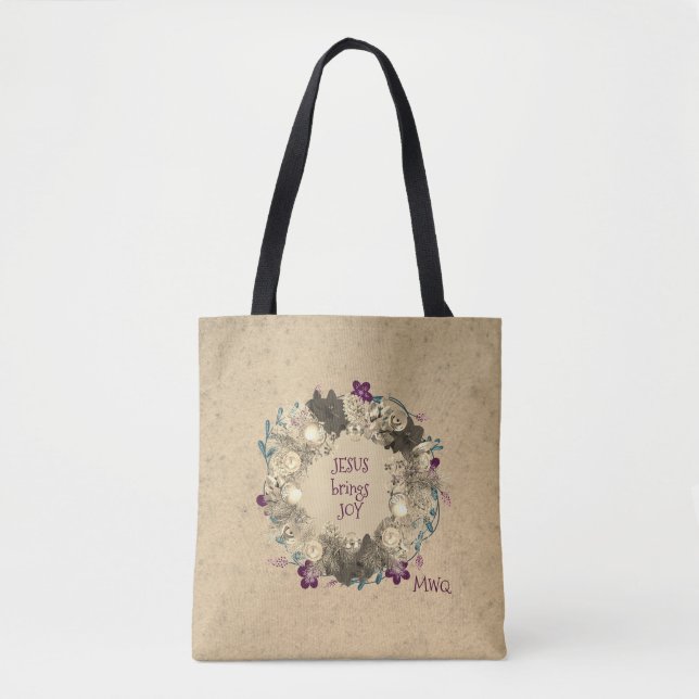 Christmas Wreath | JESUS BRINGS JOY | Beige Tote Bag (Front)