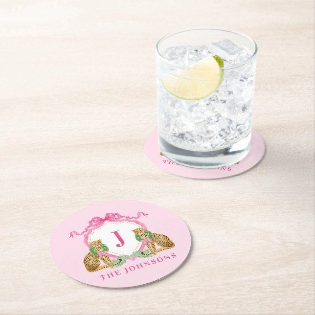 Christmas Wreath Leopard Crest Monogram  Round Paper Coaster (Insitu)
