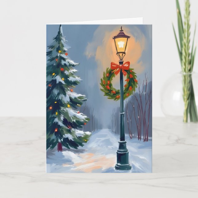 Christmas Wreath Lightpole Tree Holiday Card (Front)
