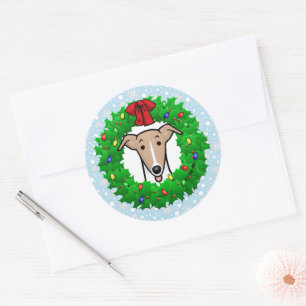 Christmas Wreath & Lights Whippet - Fawn & white Classic Round Sticker