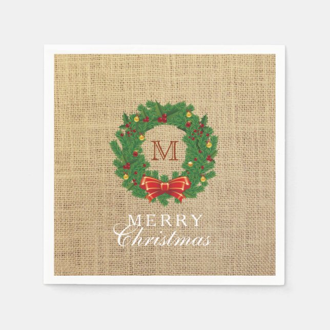 Christmas Wreath Monogram Burlap Background Napkin (Front)