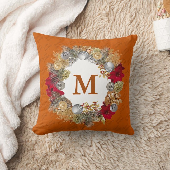 Christmas Wreath MONOGRAM Burnt Orange Cushion (Blanket)
