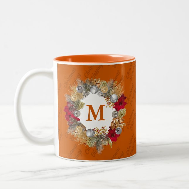 Christmas Wreath MONOGRAM Celebrate Jesus ORANGE Two-Tone Coffee Mug (Left)