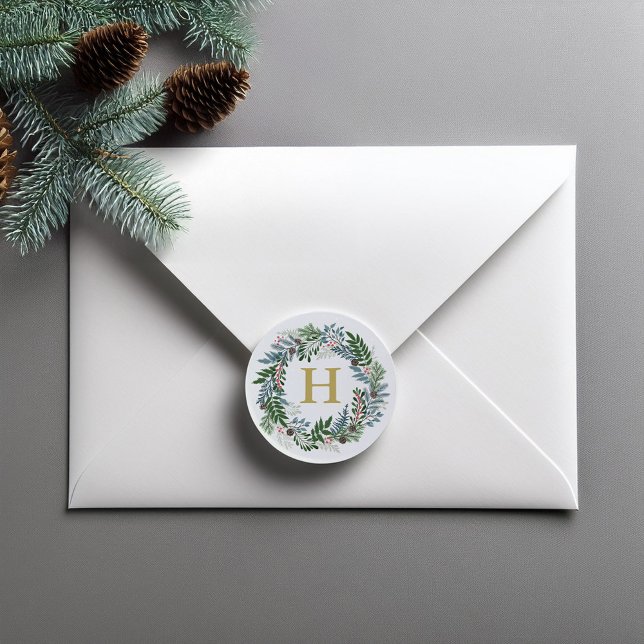 Christmas Wreath Monogram Classic Round Sticker (Creator Uploaded)