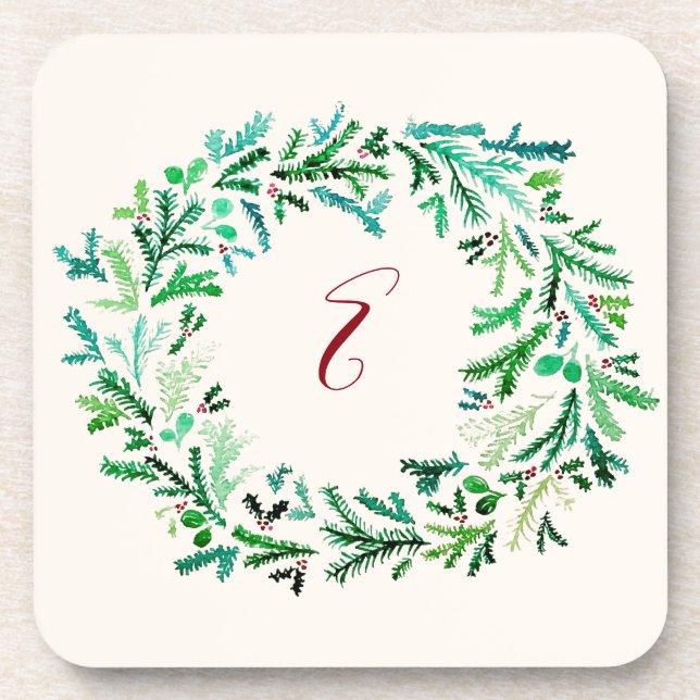 Christmas Wreath Monogram Coaster (Front)