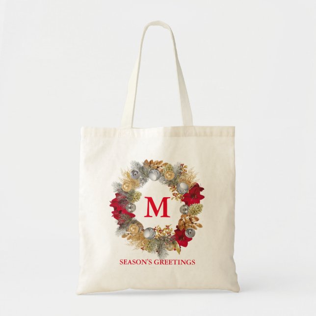 Christmas Wreath MONOGRAM Customisable Tote Bag (Front)