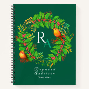 Christmas Wreath Monogram Hunter Green Notebook