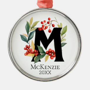 Christmas Wreath Monogram Initial Letter M Metal Tree Decoration