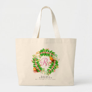 Christmas Wreath Monogram Light Teal Large Tote Bag
