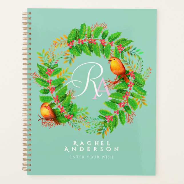 Christmas Wreath Monogram Light Teal Planner (Front)